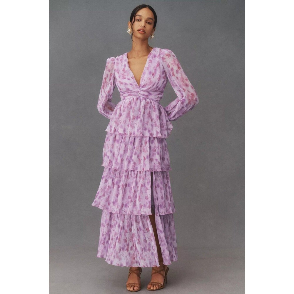 ASTR The Label Sibylla Maxi Dress Sz XS Purple Pink Chiffon Tiered Ruffle READ - Picture 3 of 8